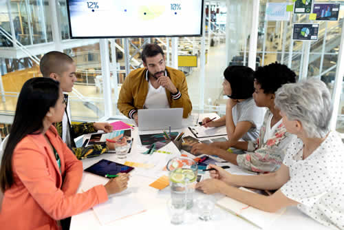 Flexible team discussing strategy