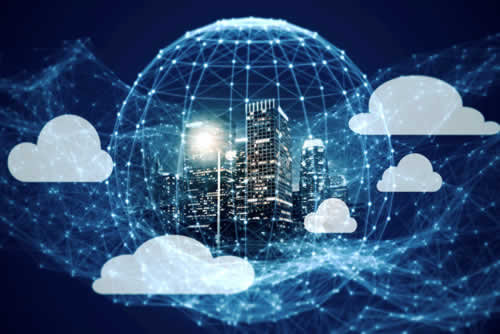 Graphic showing globe surrounded by clouds