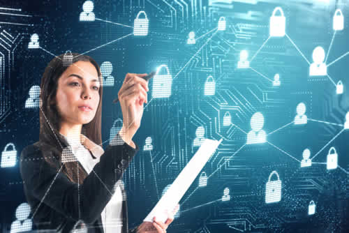 Young woman looking at security nodes for the company network