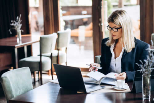 Lawyer analyzing marketing reports