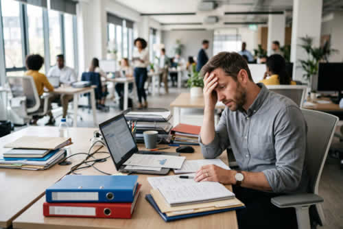 Frustrated office worker in noisy office