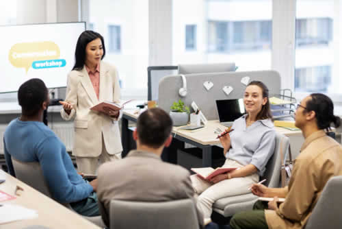 Business skills training class in role play